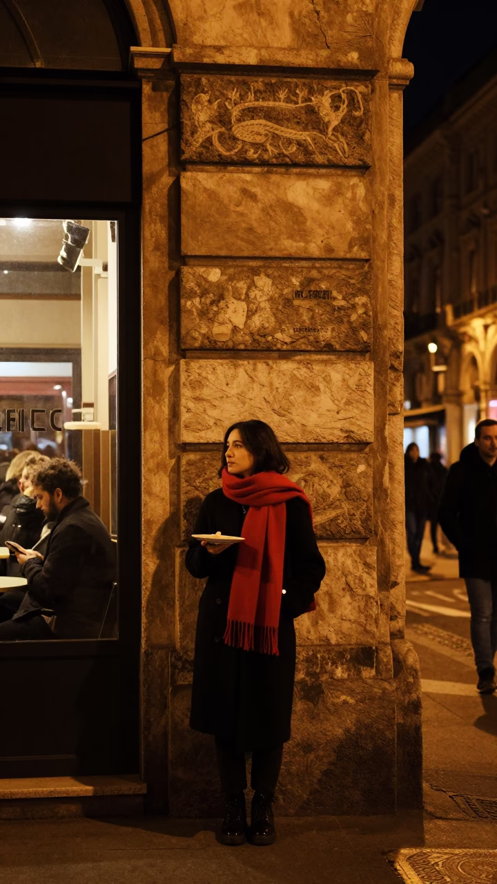 Midnight Milan Street Scene with Scarf and Plate on Cobblestone in in Milan, Italy
