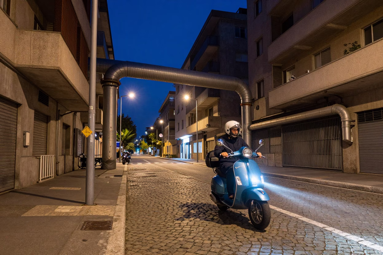 Midnight Milan Street Scene with Scooter and District Heating Pipes in Italy in in Milan, Italy