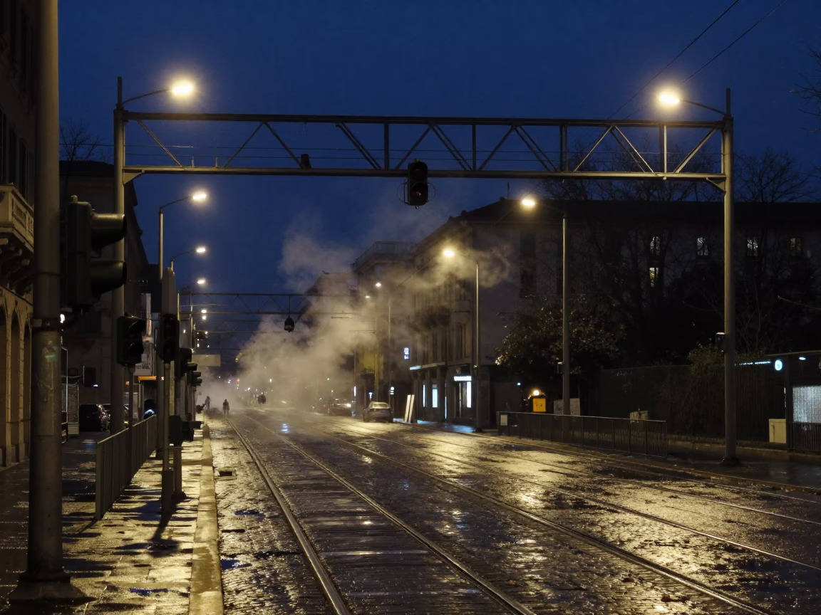 Midnight Milan Street Scene with Signal Gantry and Steam Haze Above Parallel Rail Lines in in Milan, Italy