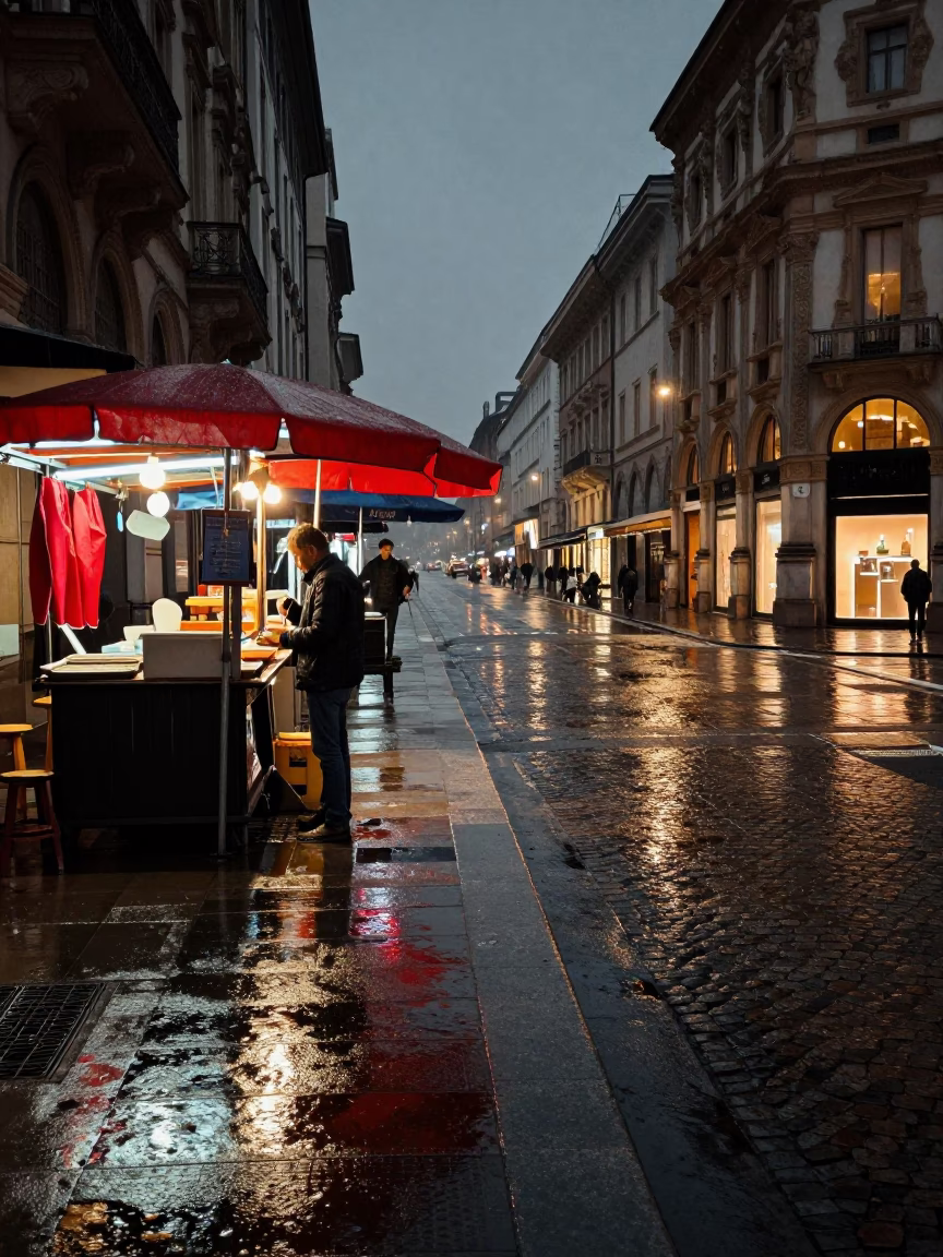 Midnight Milan Street Scene with Umbrellas and Condensation on Lamp Base in in Milan, Italy