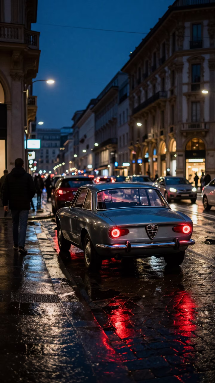 Midnight Milan Street Scene with Vintage Car and Neon Lights in in Milan, Italy