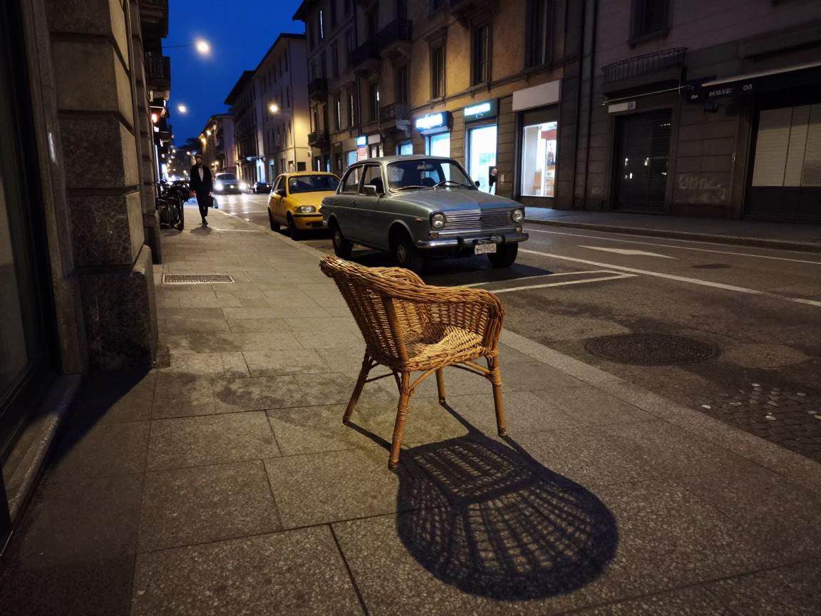 Midnight Milan Street Scene with Vintage Car and Wicker Shadow on Tile in in Milan, Italy