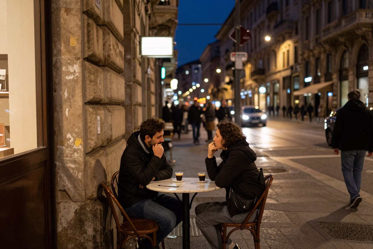 Midnight Milan Street Scene with Vintage Espresso and Urban Architecture in in Milan, Italy