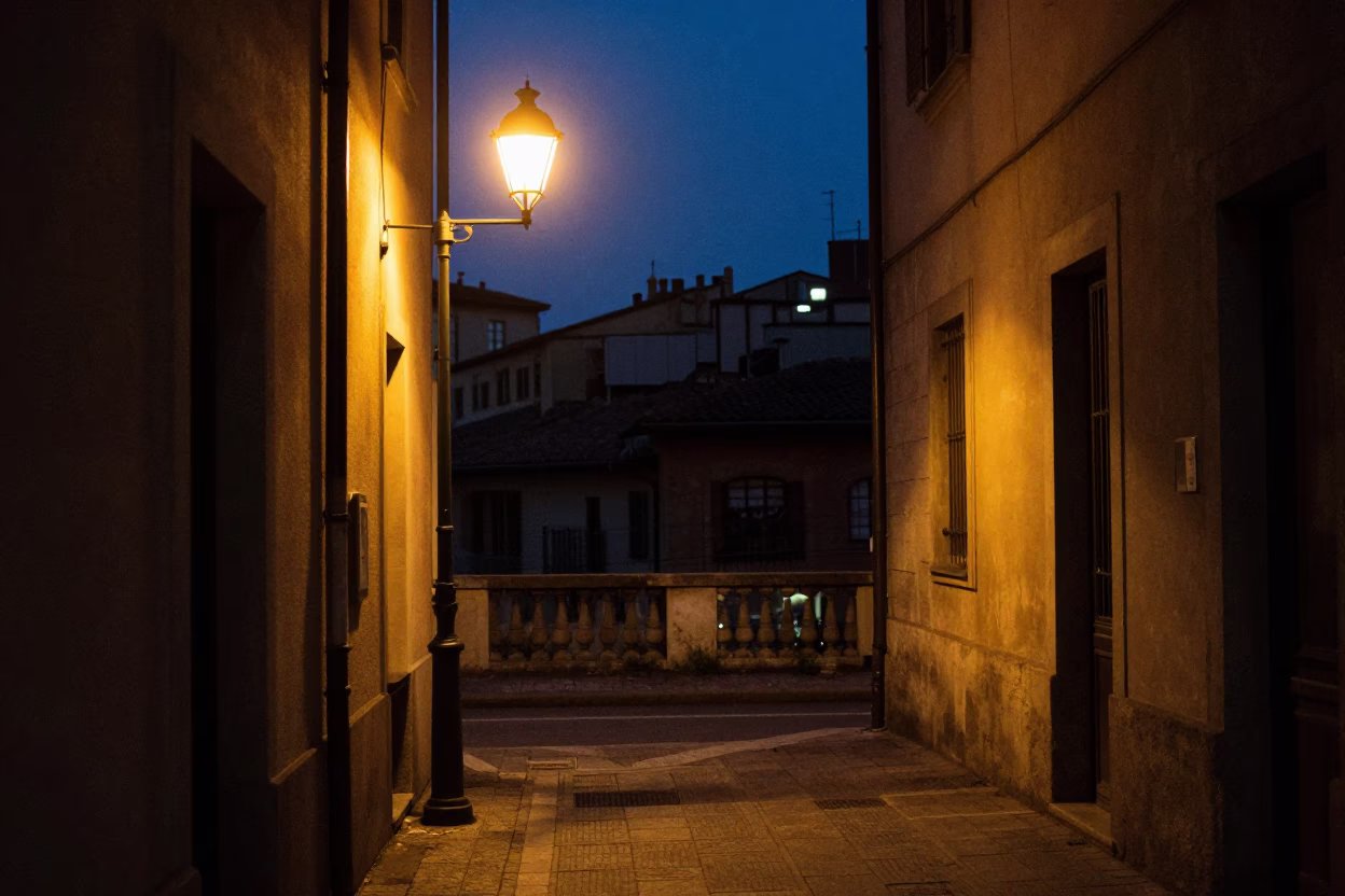 Midnight Milan Street Scene with Vintage Floor Lamp and Urban Details in in Milan, Italy