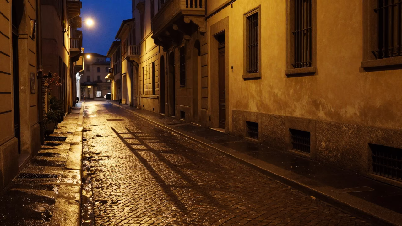 Midnight Milan Street Scene with Wicker Shadow on Tile Grout and Vintage Stool in in Milan, Italy