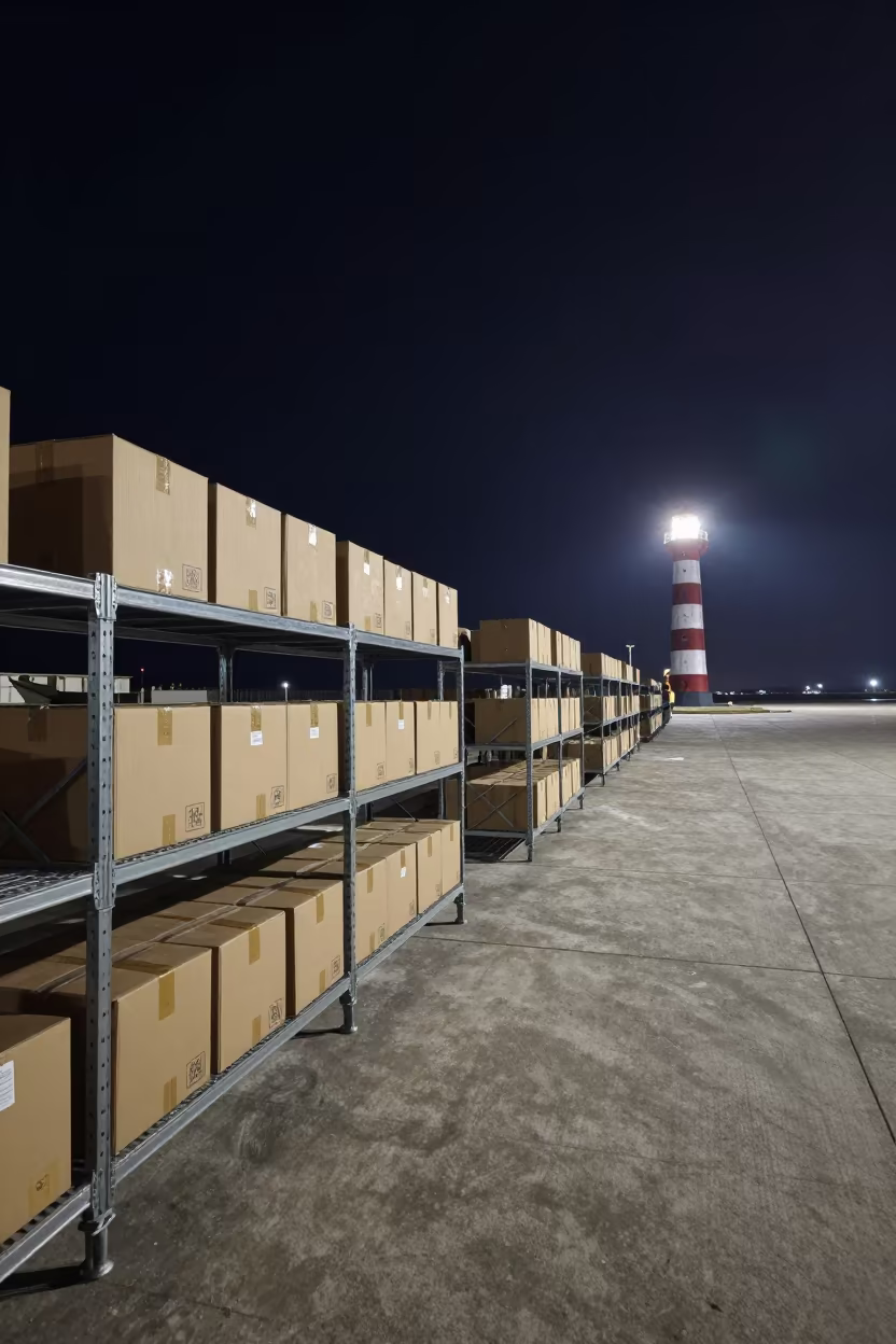 Midnight Military Parcel Shelf Under Lighthouse Sweep in along an airbase flight line in Edirne