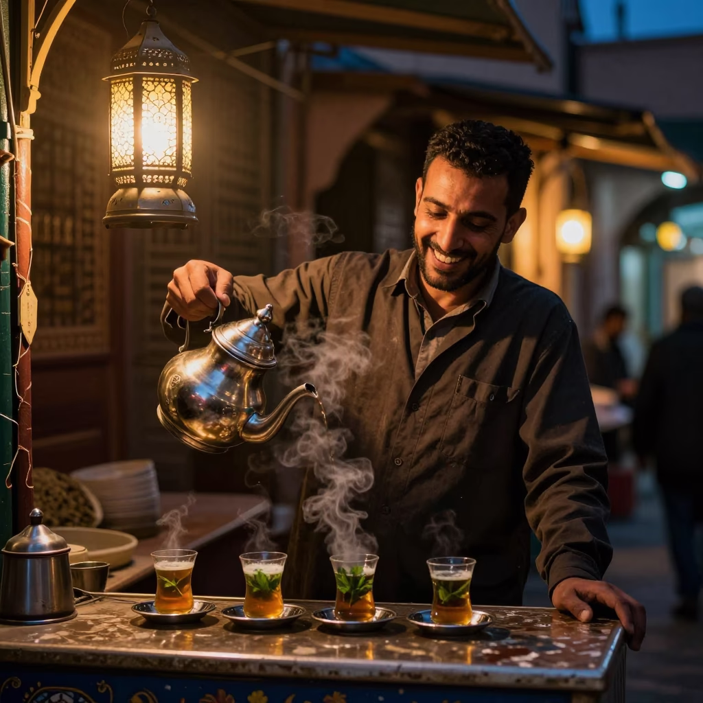 Midnight Mint Tea Preparation by Smiling Vendor in Busy Marrakech Souk in in Marrakech, Morocco