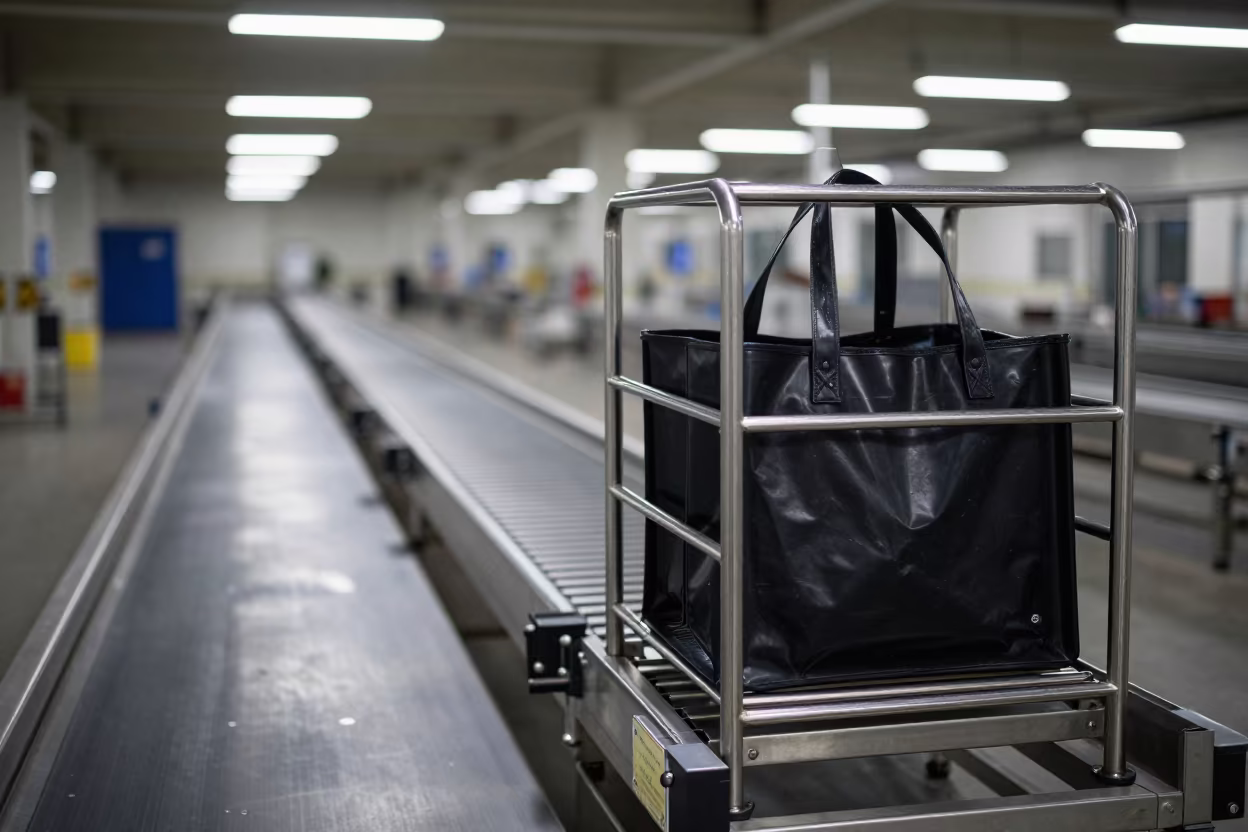 Midnight Missort Tote on Zhengzhou Sorting Rack in at a parcel sorting belt in Zhengzhou
