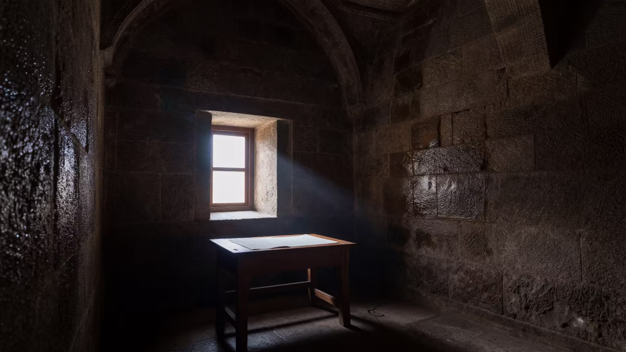 Midnight Monastery Scriptorium Light on Page in inside a stone chapel in Hassan