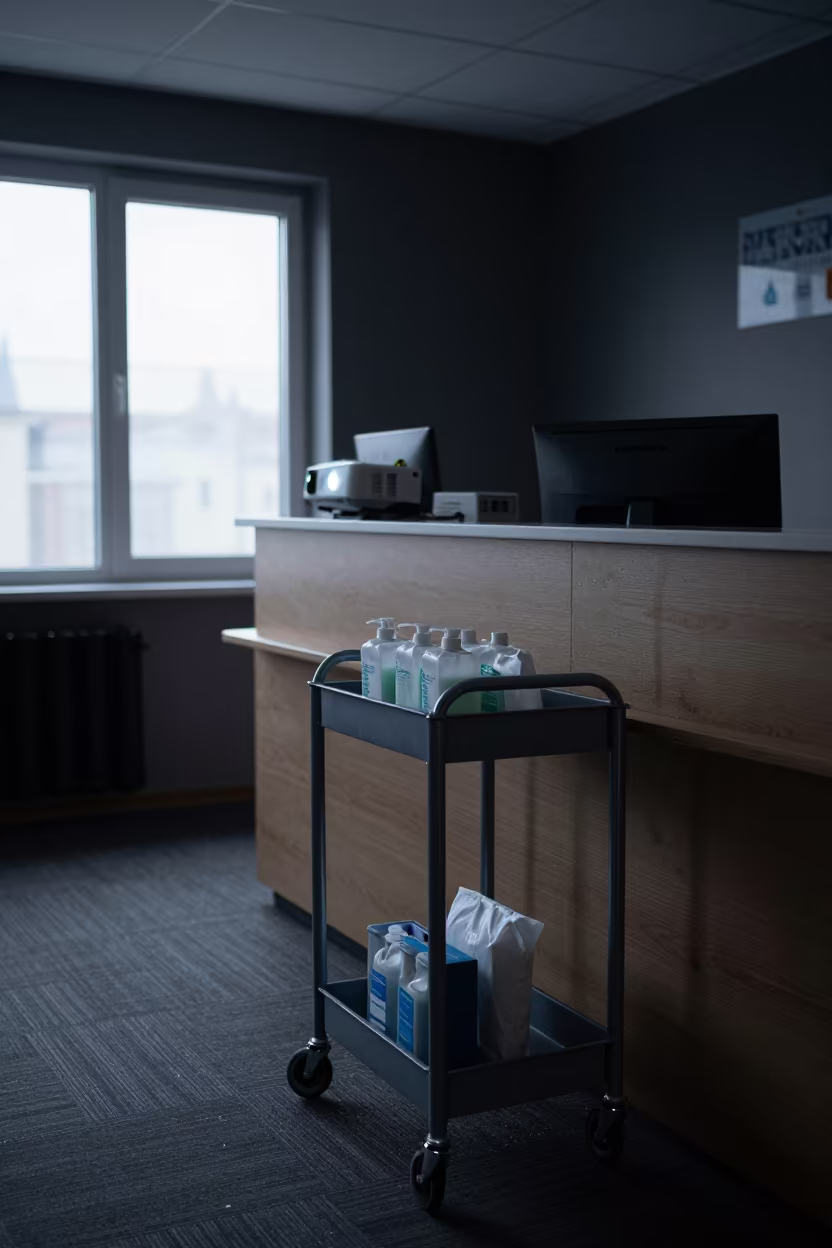 Midnight Monitor Wipe Cart in Kamsar Office in at an office reception desk in Kamsar