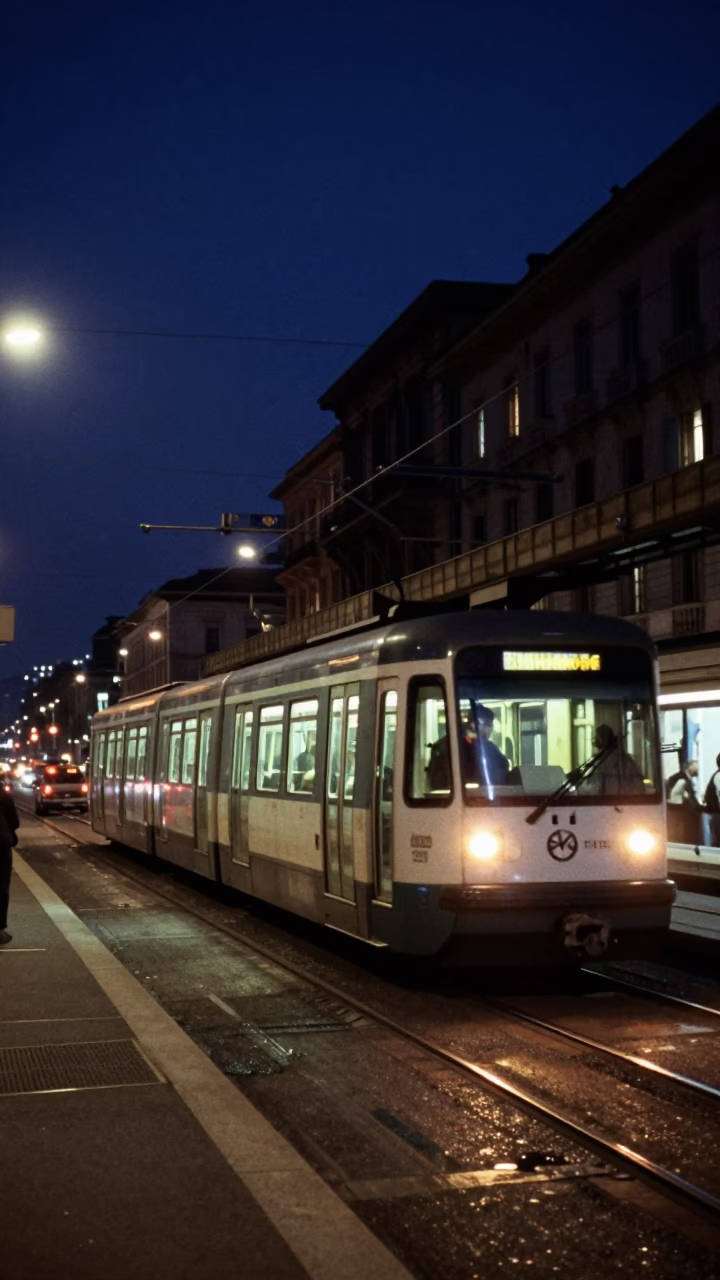 Midnight Monorail Passing Over Milan Street With Distant City Lights in in Milan, Italy