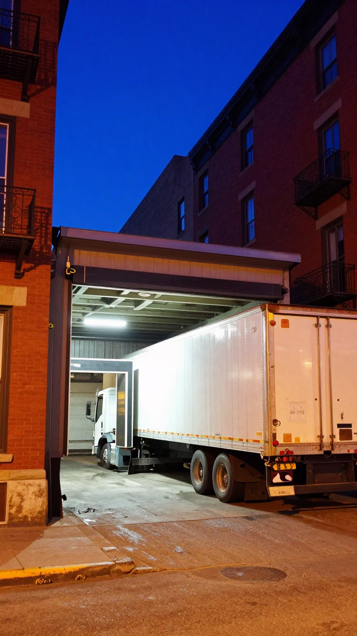 Midnight Montreal Loading Dock with Semi-Trailer and Colorful Street Life in in Montreal, Quebec, Canada