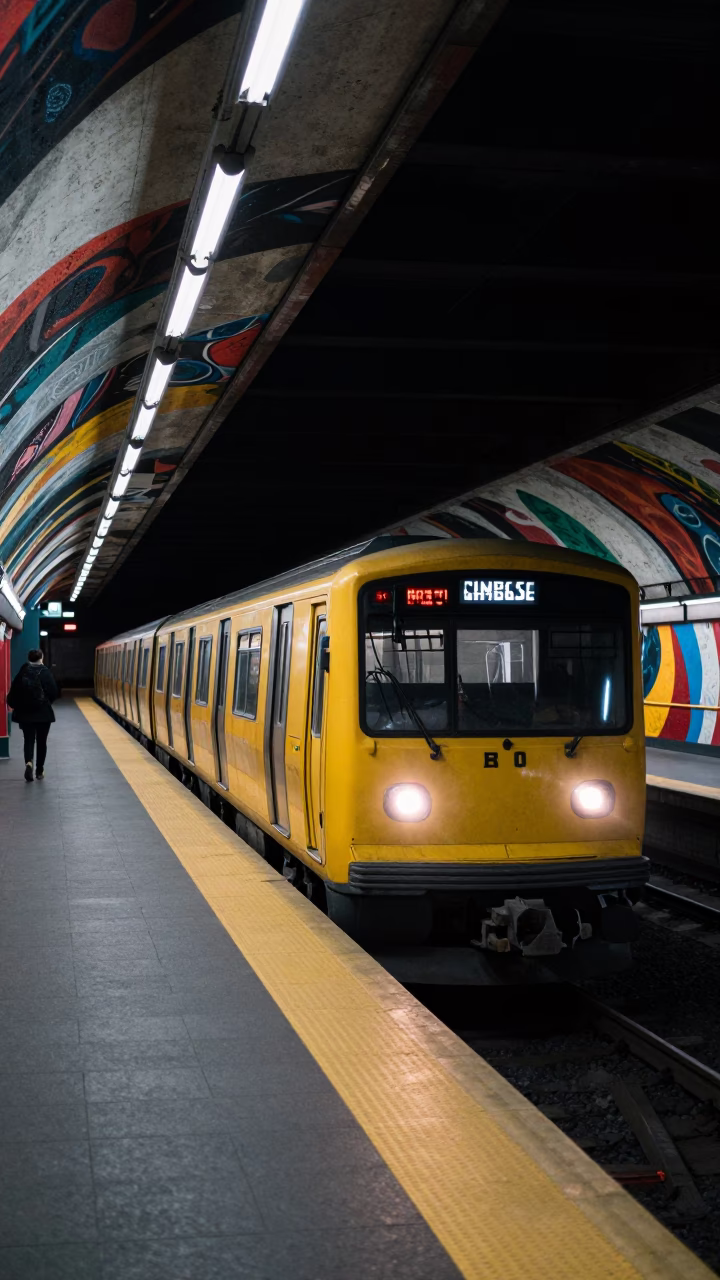 Midnight Montreal Metro Station Art Adorned Platform and Yellow Train Arrival in in Montreal, Quebec, Canada