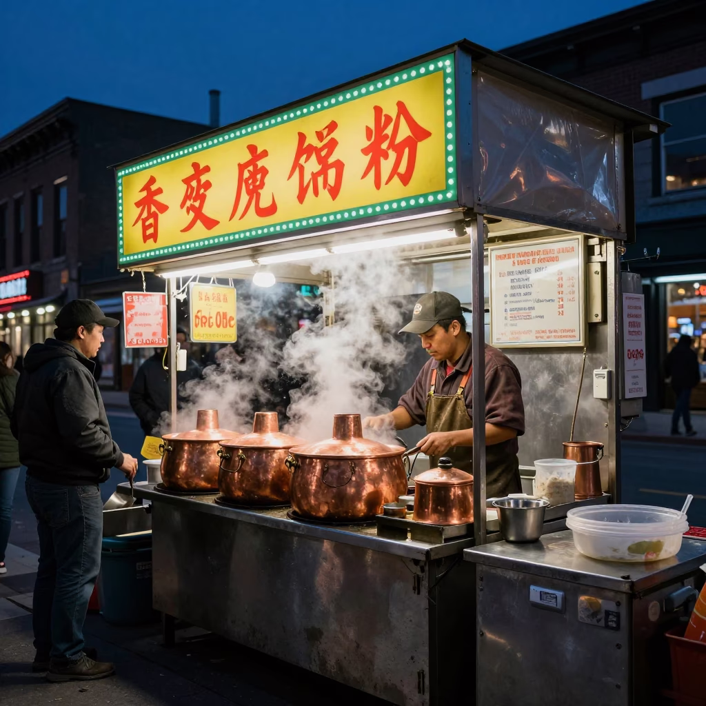 Midnight Montreal Street Food Stall with Copper Pots and Porcelain Plates in in Montreal, Quebec, Canada