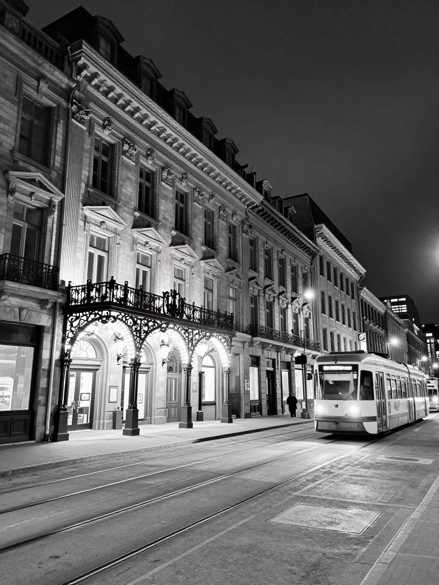 Midnight Montreal Street Scene with Art Nouveau Facades and Tram in in Montreal, Quebec, Canada