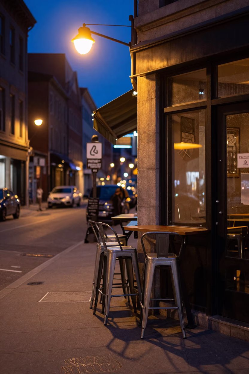 Midnight Montreal Street Scene with Bar Stools and Urban Details in in Montreal, Quebec, Canada