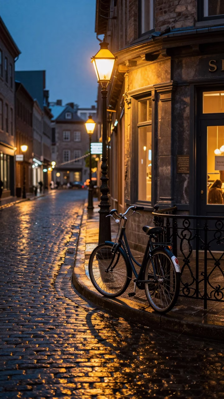 Midnight Montreal Street Scene with Bicycle and Vintage Urban Atmosphere in in Montreal, Quebec, Canada