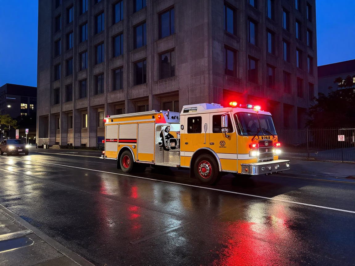 Midnight Montreal Street Scene with Fire Engine and Concrete Brutalist Architecture in in Montreal, Quebec, Canada