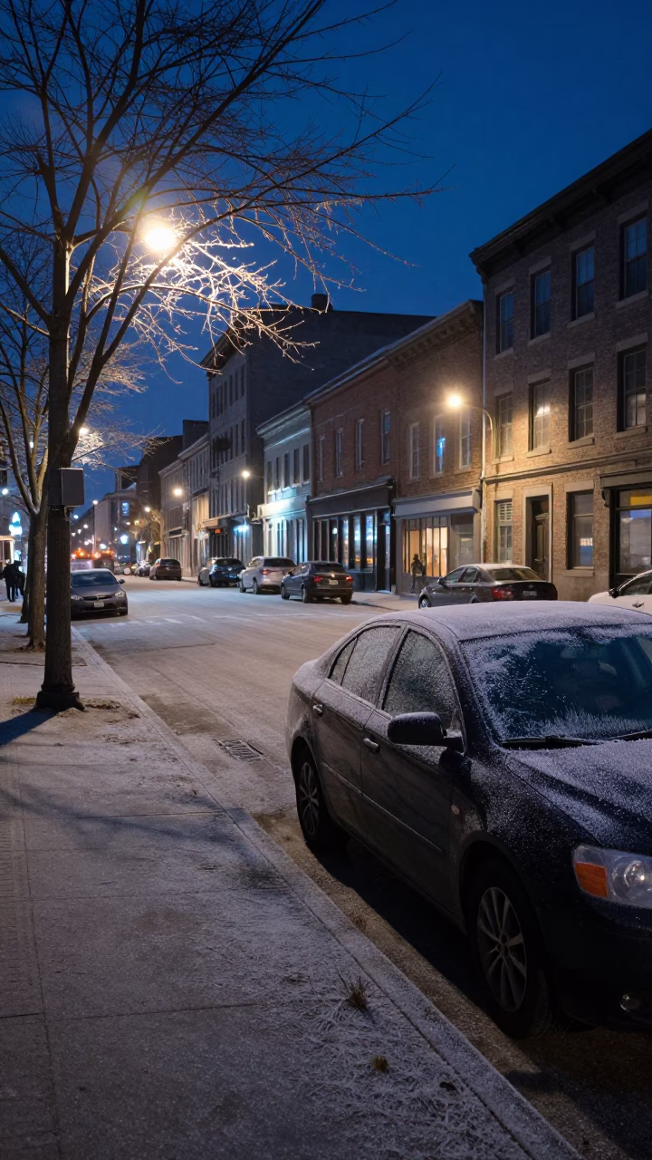 Midnight Montreal Street Scene with Frost Crystals and Urban Reflections in in Montreal, Quebec, Canada