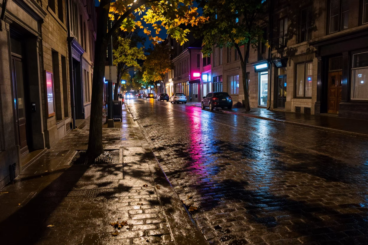 Midnight Montreal Street Scene with Leaf Shadows and Urban Reflections in in Montreal, Quebec, Canada