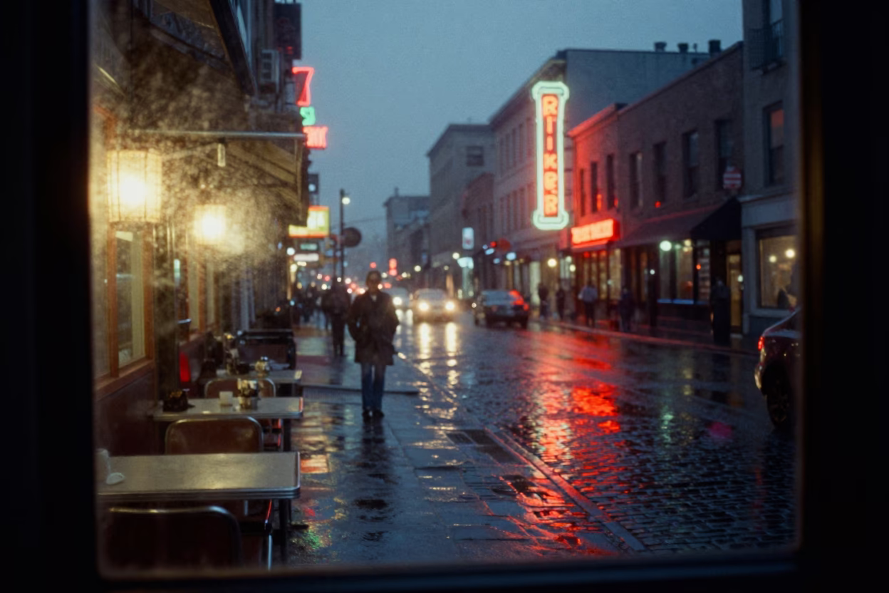 Midnight Montreal Street Scene with Neon Reflections and Late Night Diner Interior in in Montreal, Quebec, Canada
