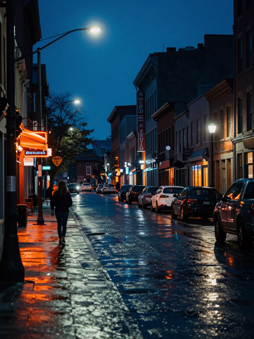 Midnight Montreal Street Scene with Neon Reflections and Urban Details in in Montreal, Quebec, Canada