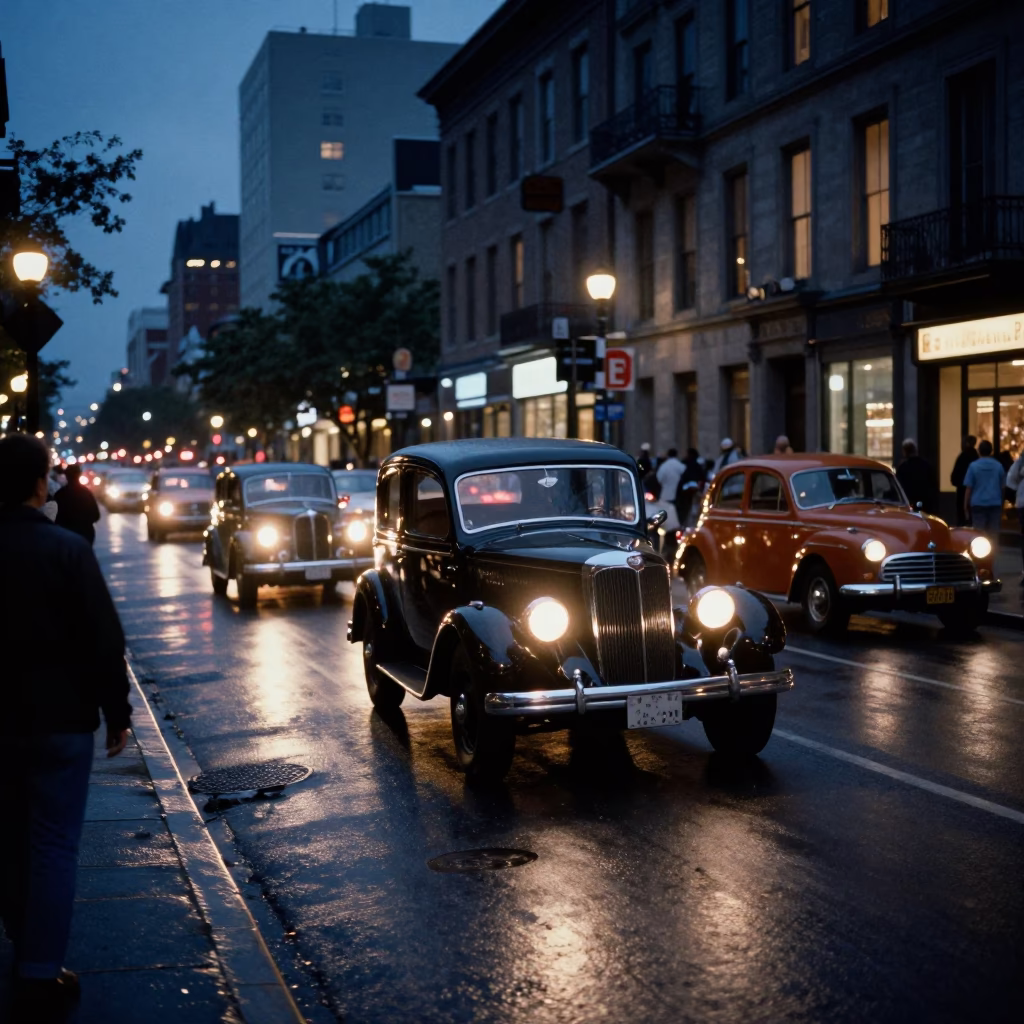 Midnight Montreal Street Scene with Vintage Car Rally and Urban Nightlife in in Montreal, Quebec, Canada