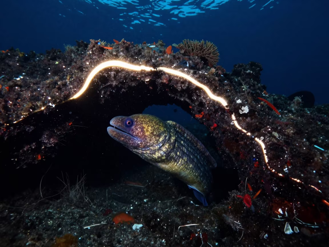 Midnight Moray Eel Under Volcanic Arch Belize in beside a reef crevice under clear water near Belize City