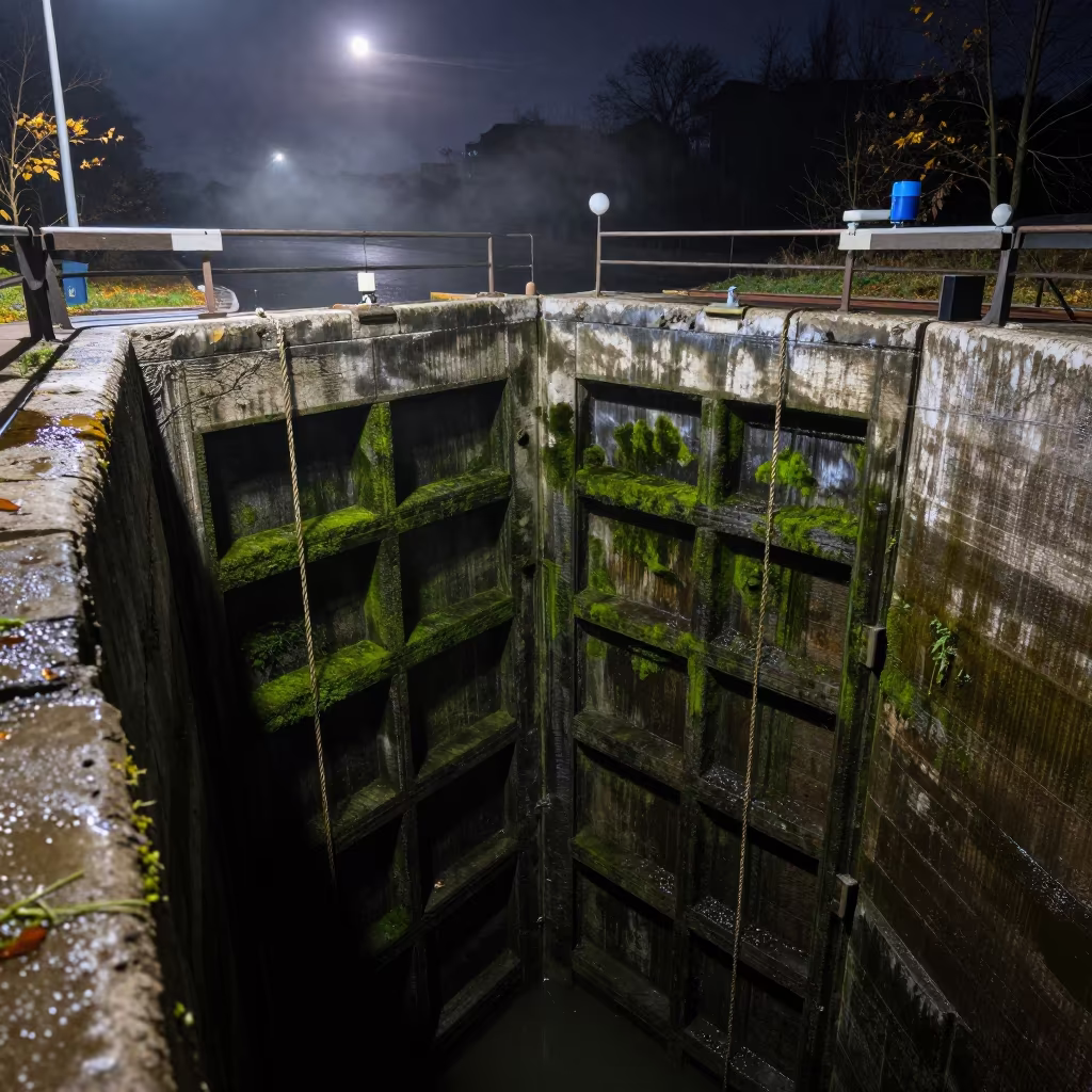 Midnight Mossy Lock Chamber Wall in Serbia in at a canal lock chamber in Serbia