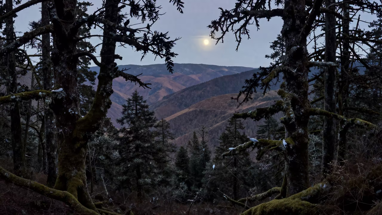 Midnight Mossy Ridge Over Yunnan Foothills in from a ridge above layered foothills in Yunnan