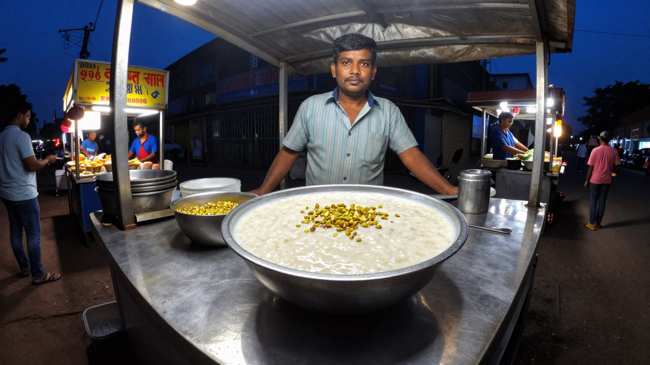 Midnight Mumbai Street Food Stall with Bowl of Kheer Sagar and Enamel Pitcher in in Mumbai, India
