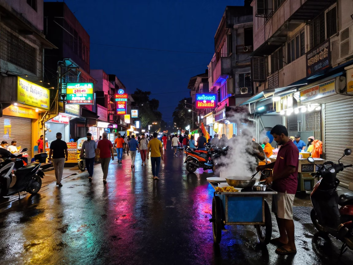 Midnight Mumbai Street Scene with Neon Lights and Street Vendor Stall in in Mumbai, India
