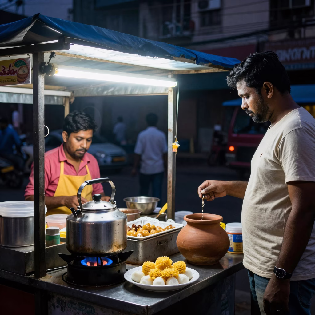 Midnight Mumbai Street Scene with Ras Malai Dessert and Kettle in in Mumbai, India