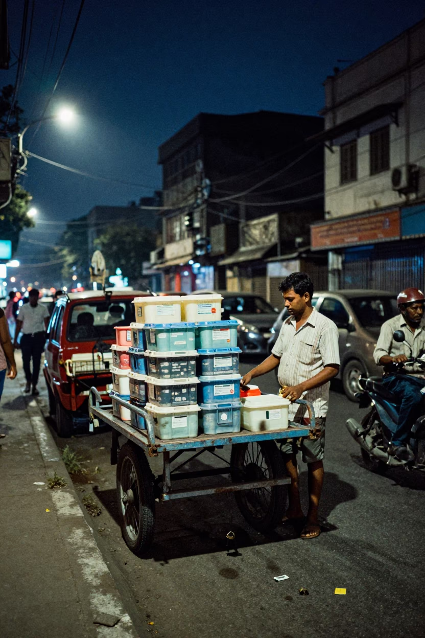 Midnight Mumbai Street Scene with Rolling Carts and Padlock on Metal Gate in in Mumbai, India