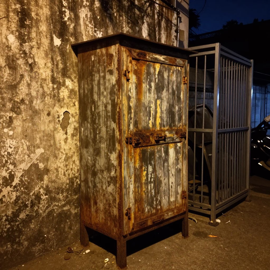 Midnight Mumbai Street Scene with Rusty Cabinet and Steel Bottle in in Mumbai, India