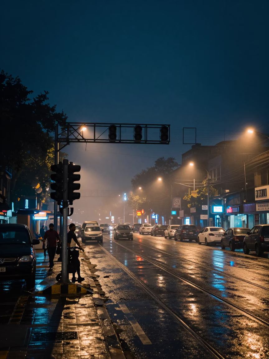 Midnight Mumbai Street Scene with Signal Gantry and Misty Rail Lines in in Mumbai, India