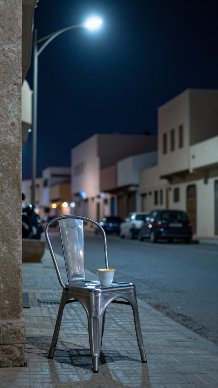 Midnight Muscat Oman Street Scene with Brushed Steel Chair and Window Light Reflection in in Muscat, Oman