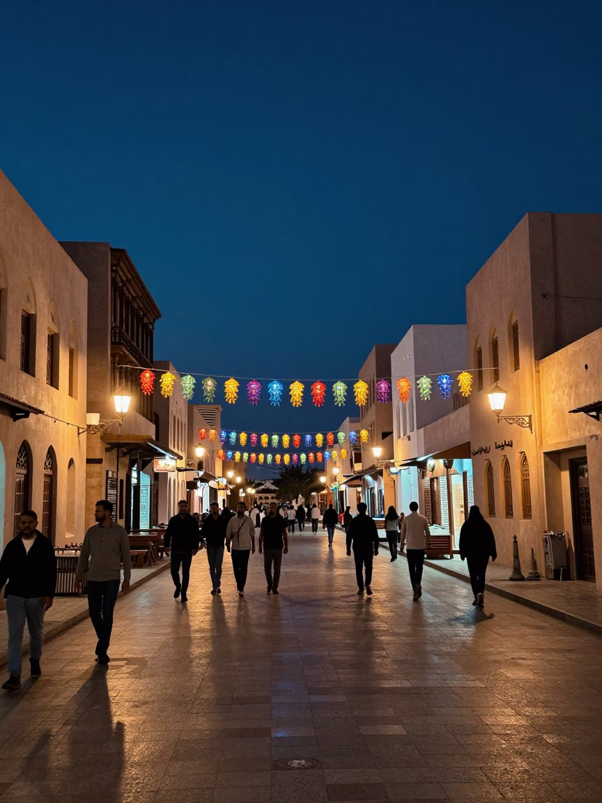 Midnight Muscat Street Scene with Colorful Decorations and Local Night Life in Oman in in Muscat, Oman
