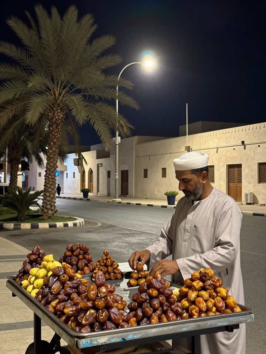 Midnight Muscat Street Scene with Date Palm and Local Nightlife in in Muscat, Oman