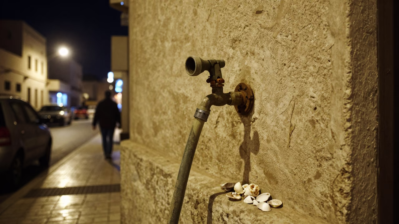 Midnight Muscat Street Scene with Hose Nozzle and Seashells in in Muscat, Oman