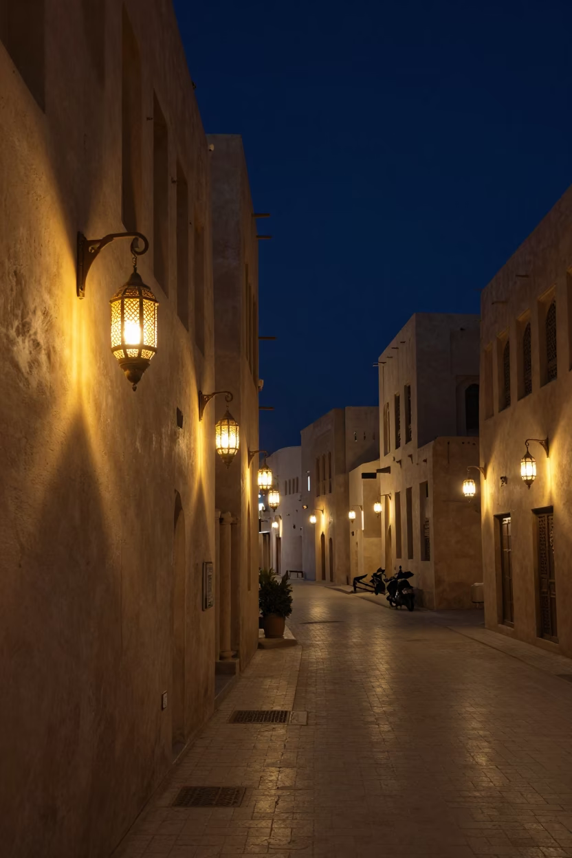 Midnight Muscat Street Scene with Traditional Lanterns and Local Nightlife in in Muscat, Oman