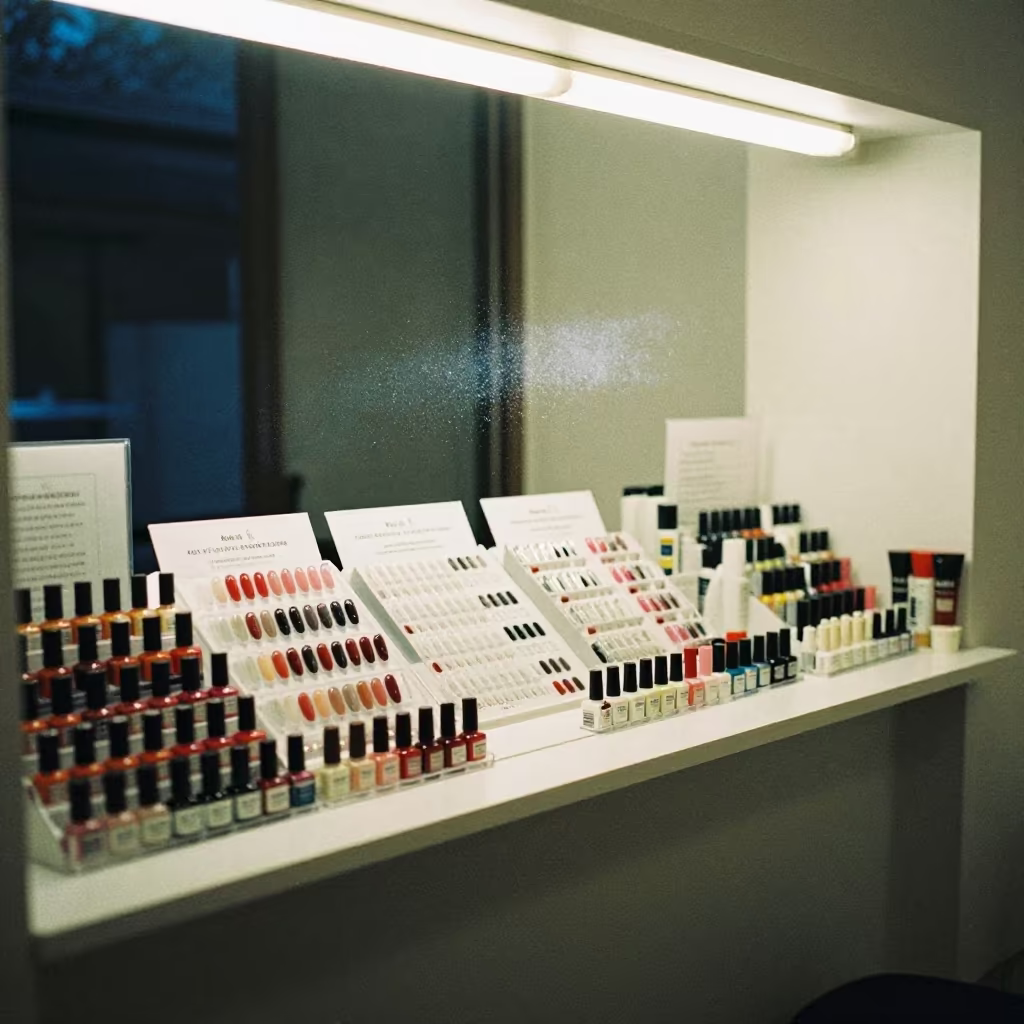 Midnight Nail Polish Display at Kobe Salon Counter in at a salon reception counter in Kobe