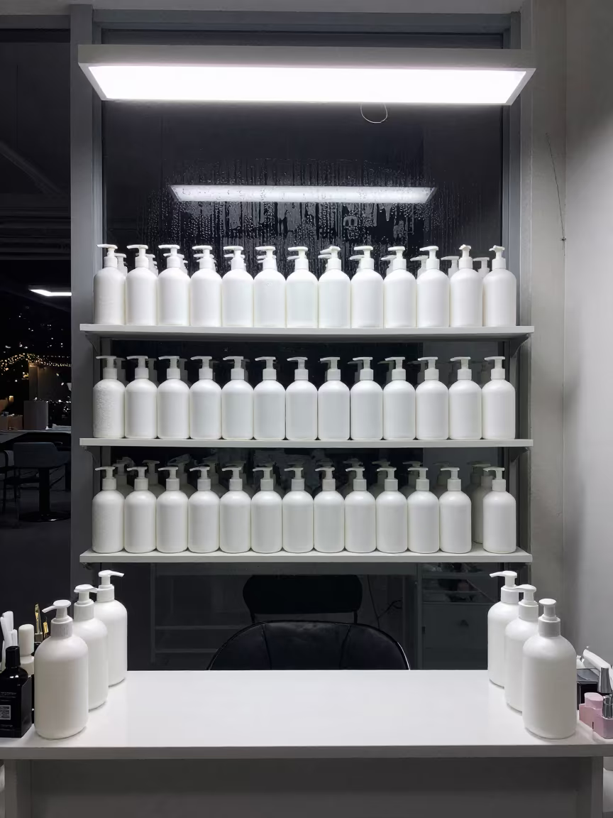 Midnight Nail Studio Backbar Pump Shelf in inside a nail studio in Chengdu