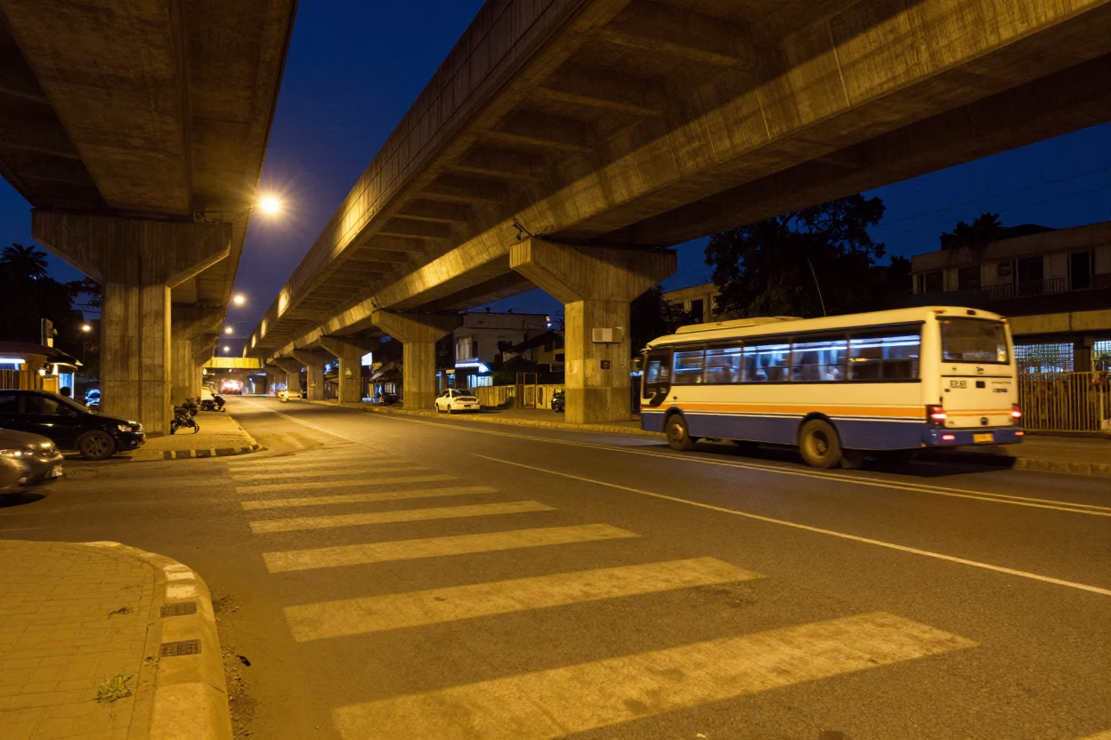 Midnight Nairobi Street Scene with Flyover Shadows and Local Night Market Activity in in Nairobi, Kenya