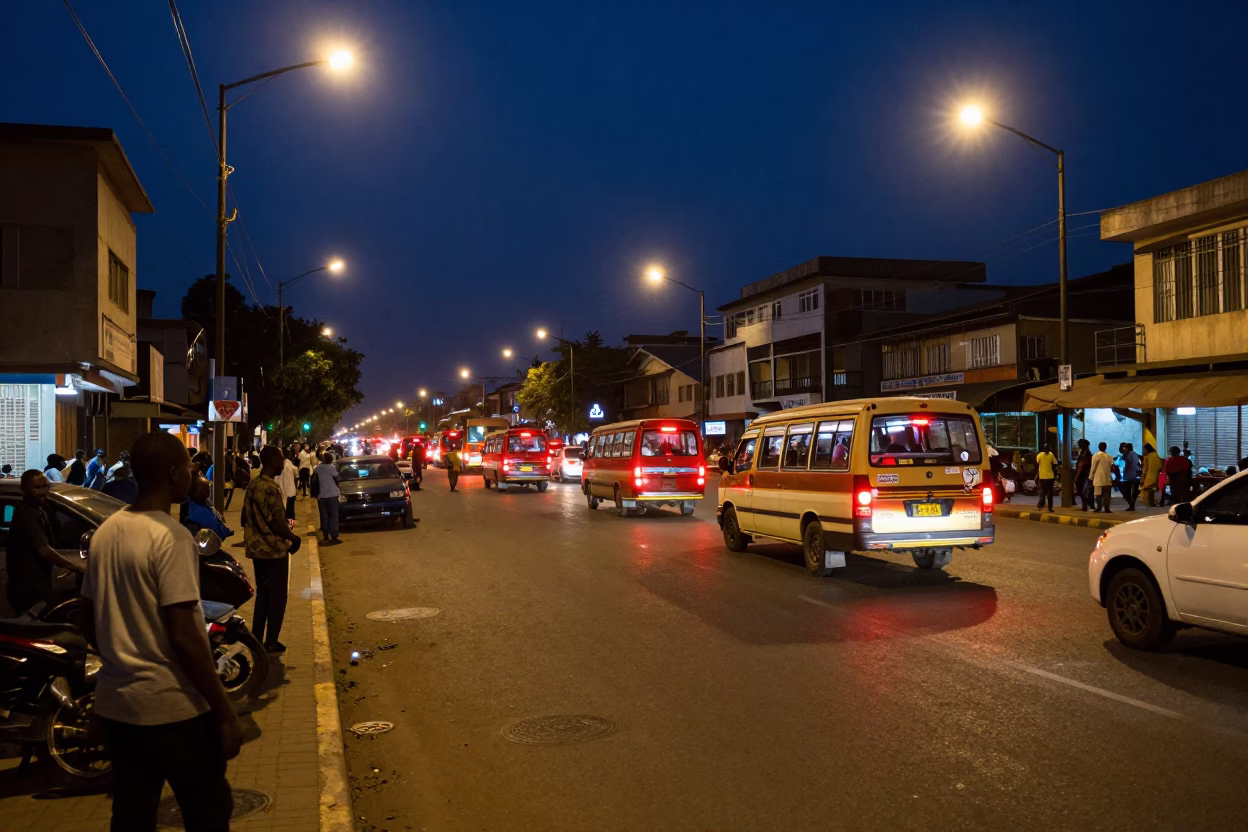 Midnight Nairobi Street Scene with Glowing Taillights and Local Night Market Activity in in Nairobi, Kenya