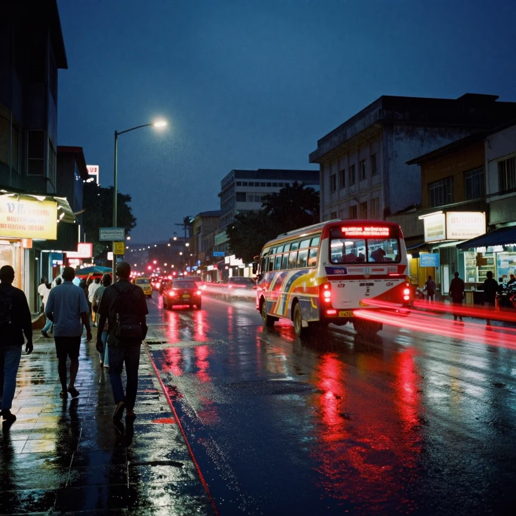 Midnight Nairobi Street Scene with Glowing Taillights and Rain Reflections in in Nairobi, Kenya