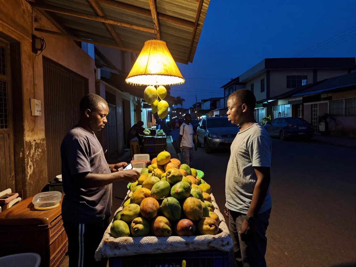 Midnight Nairobi Street Scene with Mangoes and Lampshade in Kenya in in Nairobi, Kenya