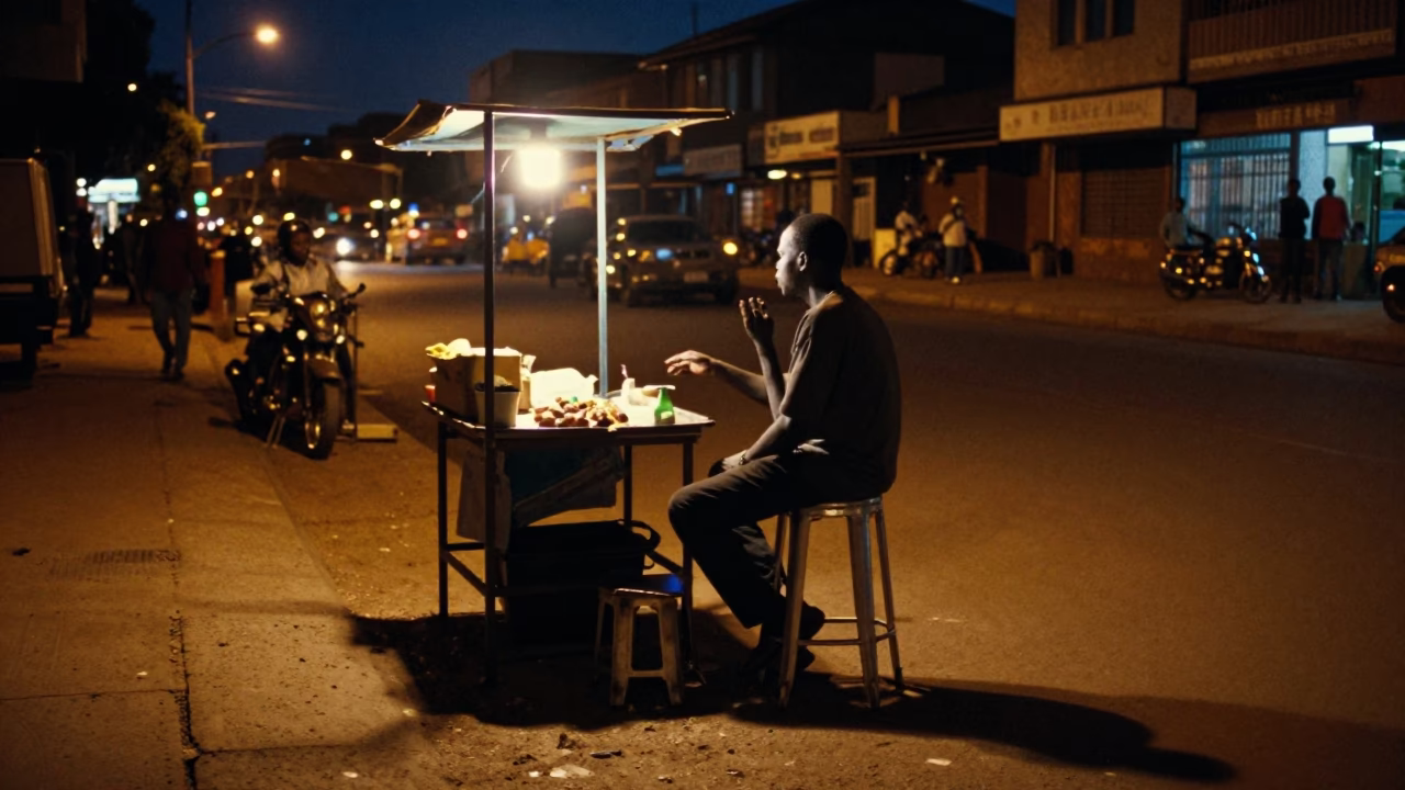 Midnight Nairobi Street Scene with Street Vendor Stall and Ambient City Lights in in Nairobi, Kenya