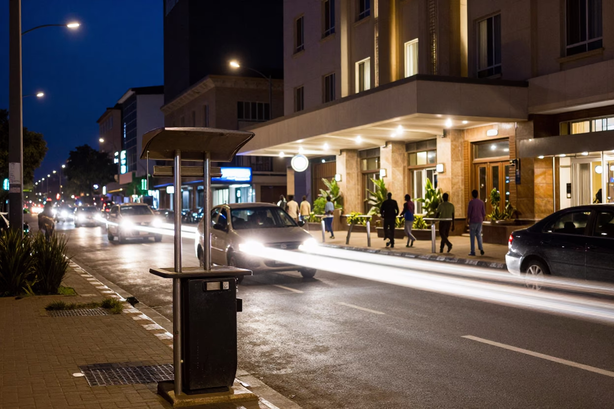 Midnight Nairobi Street Scene with Valet Stand and Headlight Streaks Under Hotel Awnings in in Nairobi, Kenya
