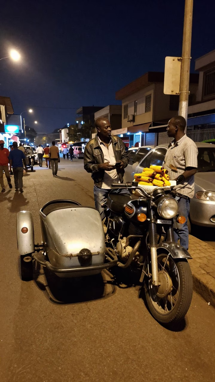 Midnight Nairobi Street Scene with Vintage Motorcycle Sidecar and Local Activity in in Nairobi, Kenya